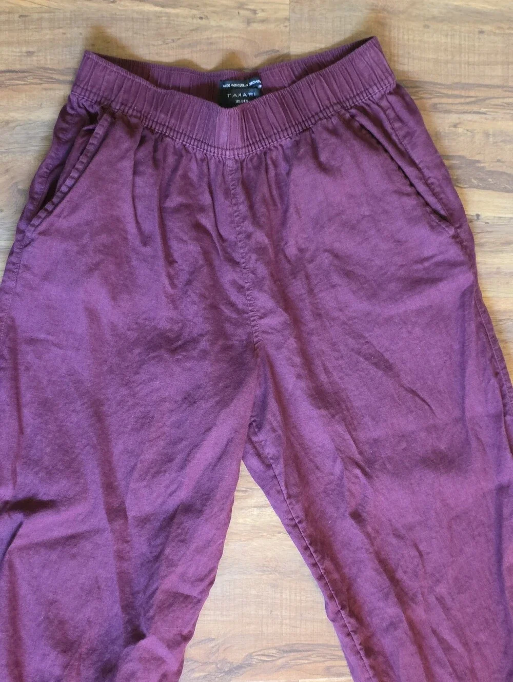 Tahari Relaxed 100% Linen Pants in Dark Red Wine Size Small